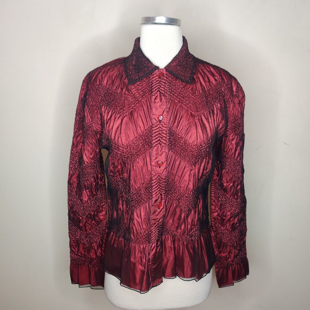 Coldwater‎ Creek Top Red Black Crinkle Stretch Mesh Button Up